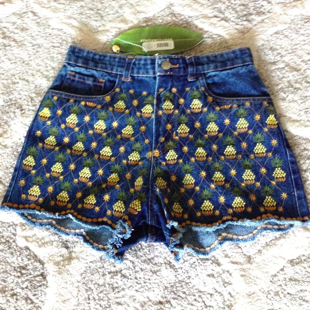 Farm Rio Embroidered Pineapples Denim Shorts - Picture 7 of 11